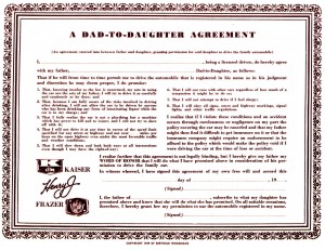 1949 Kaiser-Frazer boilerplate agreement for fathers and teenagers to sign, setting up rules for safe driving. 