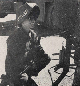 Louise Cox in welding gear at Kaiser Richmond Shipyard No. 2.