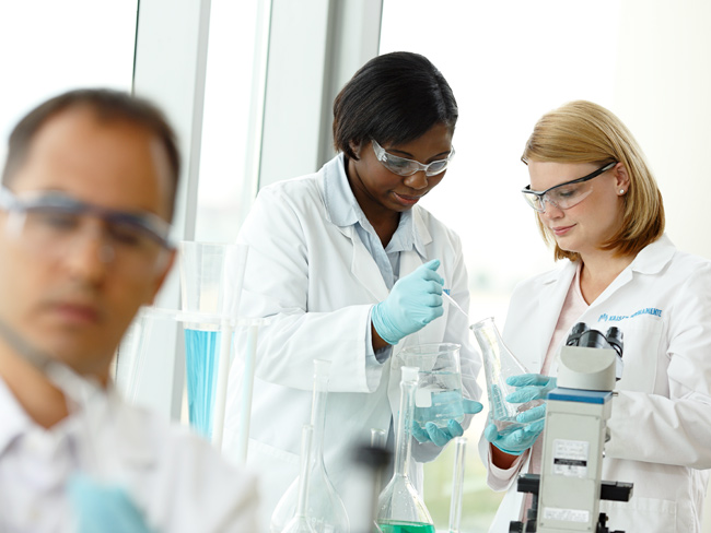 Laboratory technicians handling lab beaker and erlenmeyer flask