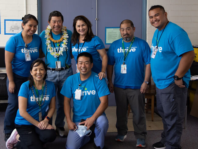 The Hawaii community vaccination team takes a break at Aina Haina Elementary School on Oahu.