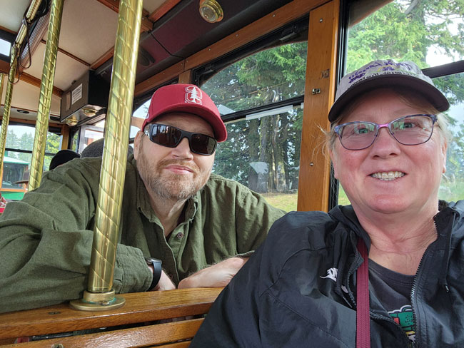 Kathy and Brunnell riding a trolly