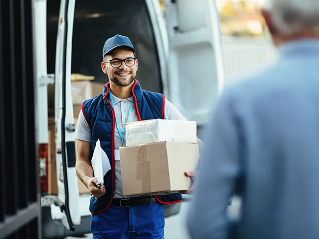 Smiling driver delivering several packages to a customer.