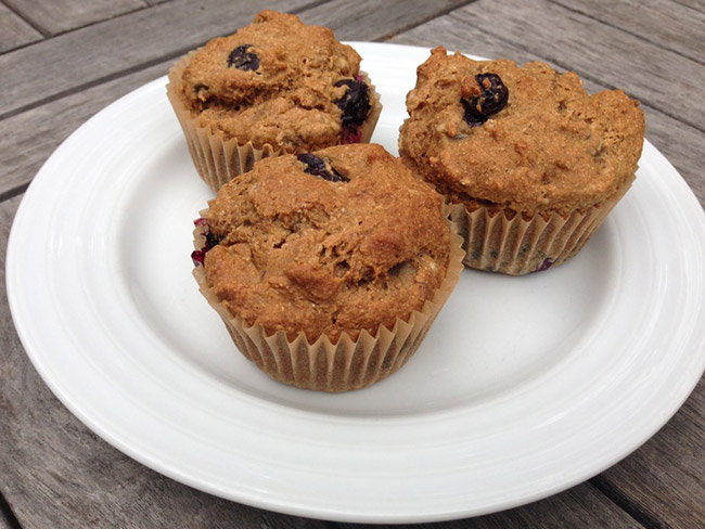 Plate with 3 vegan blueberry muffins