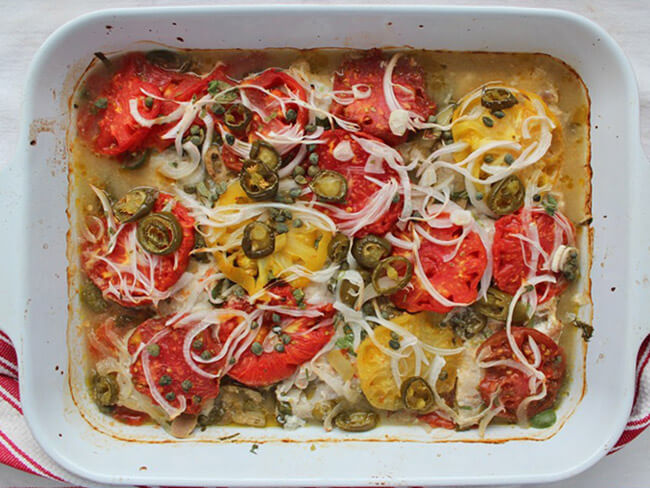 Veracruz style fish in a ceramic tray